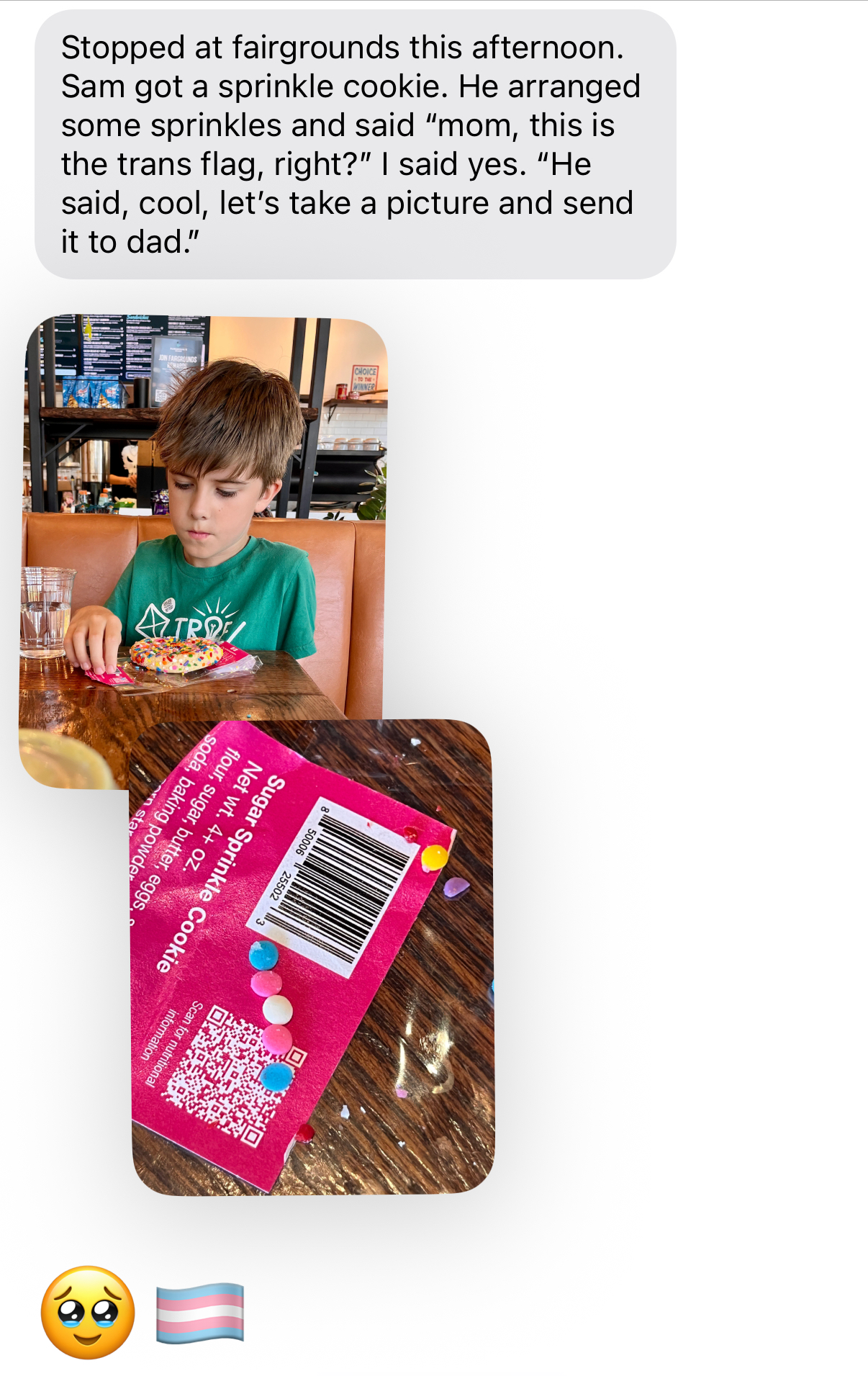 A sprinkle cookie with sprinkles arranged in the pattern of the trans flag.